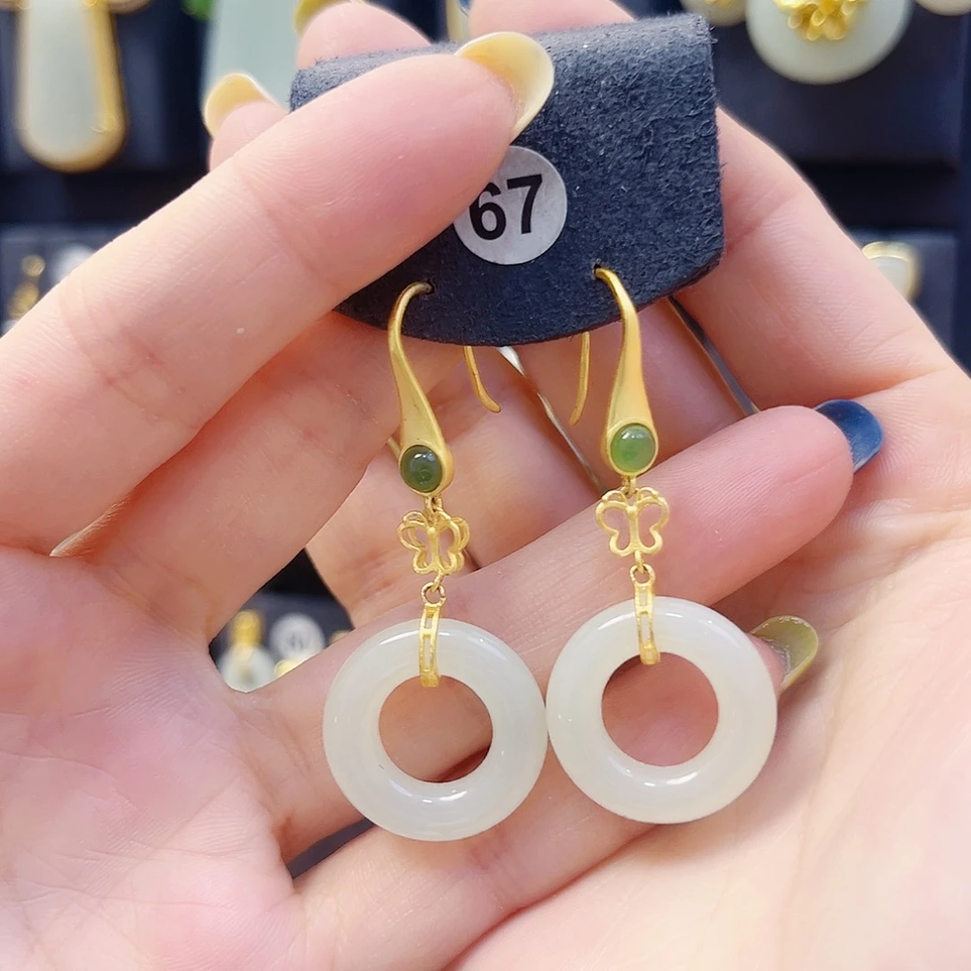 和田玉银S925镀金镶嵌耳饰