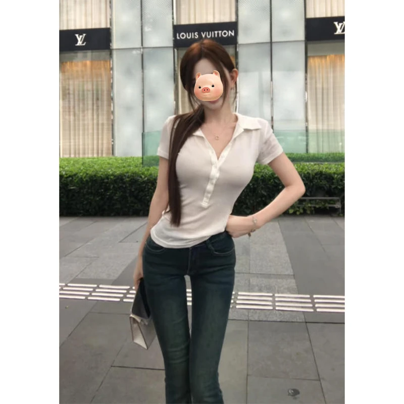 美式正肩白色polo翻领短袖T恤女夏季设计感小众轻熟修身辣妹上衣