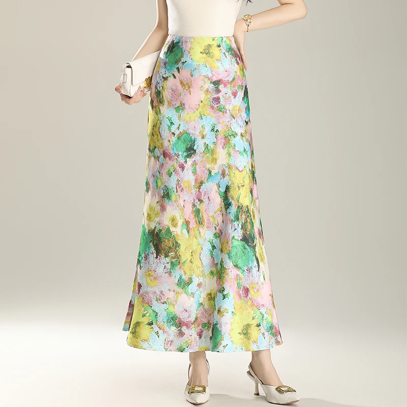 气质法式包臀油画风鱼尾裙女2025新款春夏显瘦优雅缎面半身裙长裙