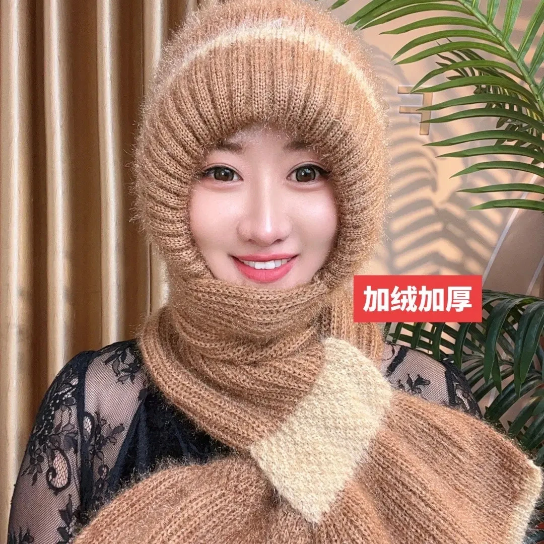 新款冬季针织风雪帽骑车保暖妈妈围巾一体时尚护耳包头帽女帽子