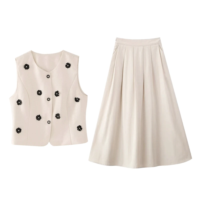 法式小香风名媛气质无袖马甲花朵上衣女夏季新款百褶半身裙套装