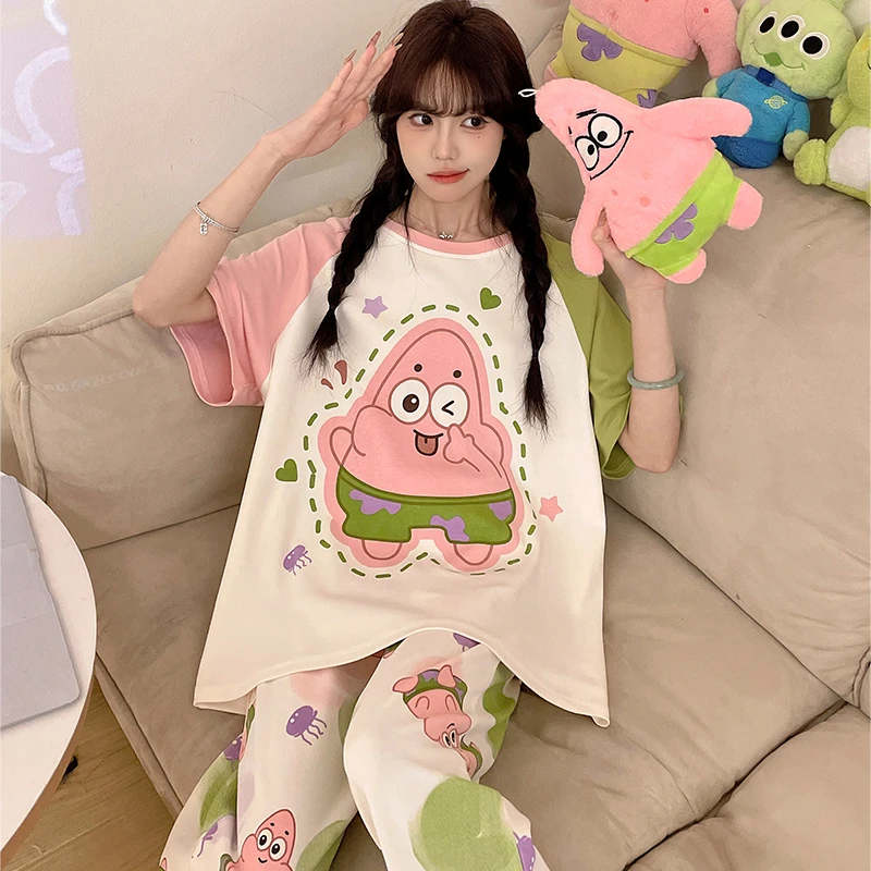 春秋款纯棉睡衣女短袖长裤卡通薄款加大码可爱全棉夏季家居服套装