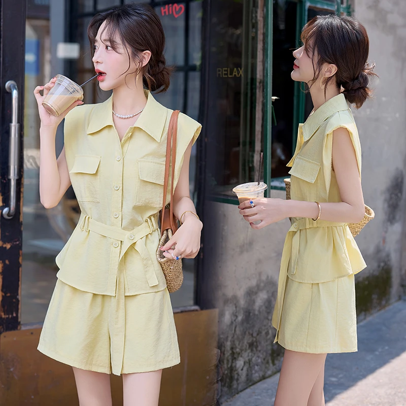 休闲时尚无袖衬衫套装女2025年夏季新款洋气减龄小个子短裤两件套