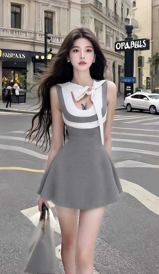 夏季新款温柔甜美风灰色U领无袖收腰连衣裙女时尚显瘦高级氛围感