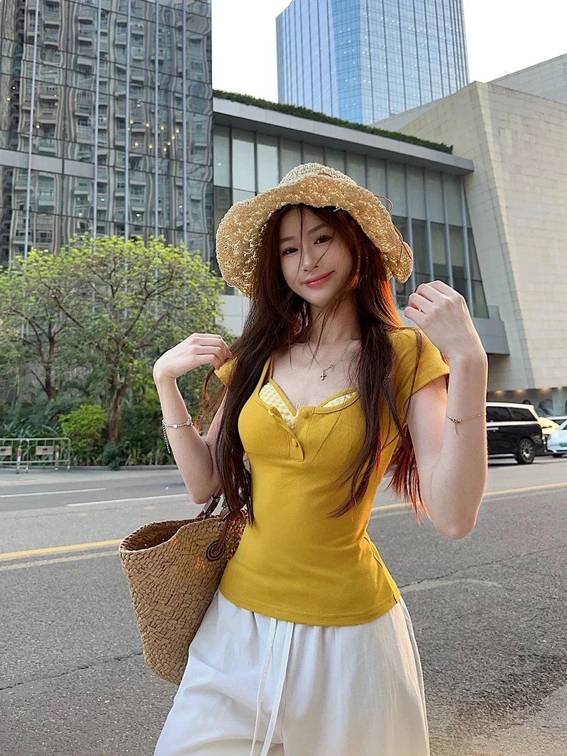 【柠檬】大码休闲胖mm纯欲短袖T恤女2025夏季新款正肩显瘦遮肉上衣