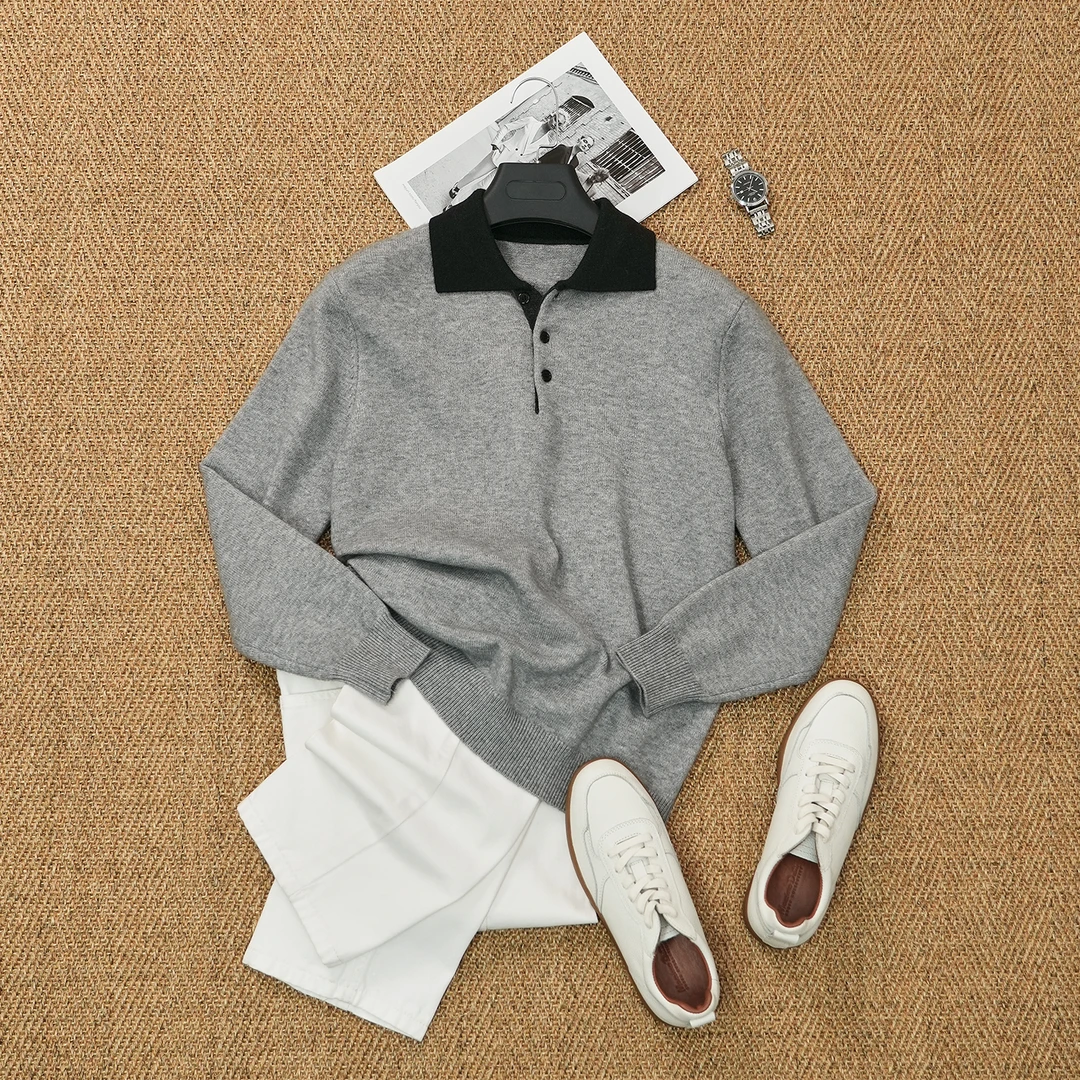 Gentrix·秋冬季撞色休闲百搭毛衣男Polo领上衣潮流长袖针织羊毛衫