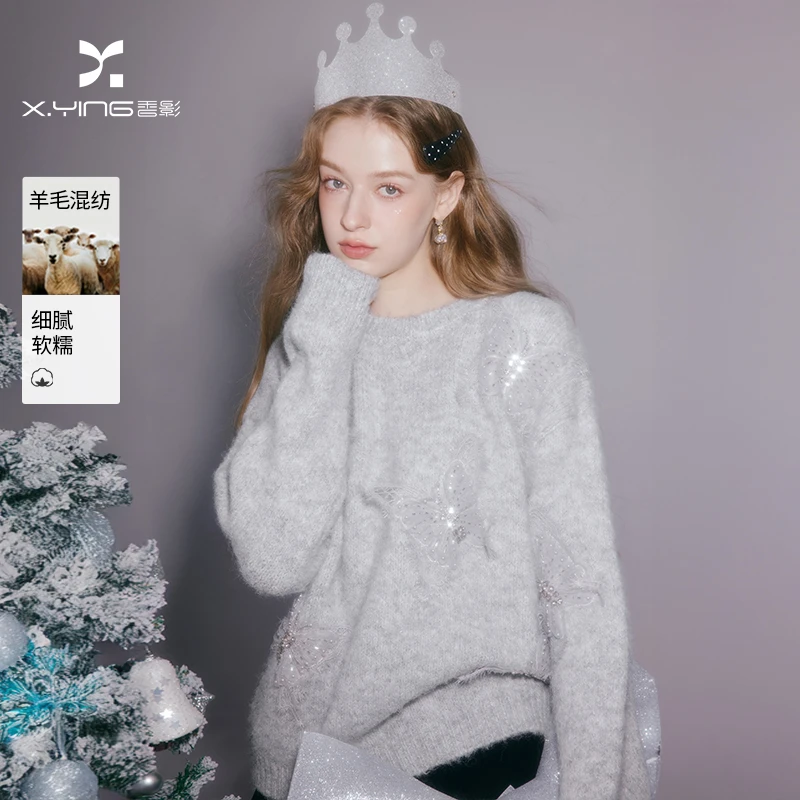【女装优选WH】香影灰色蝴蝶毛衣女2026重工刺绣圣诞针织衫M76C030