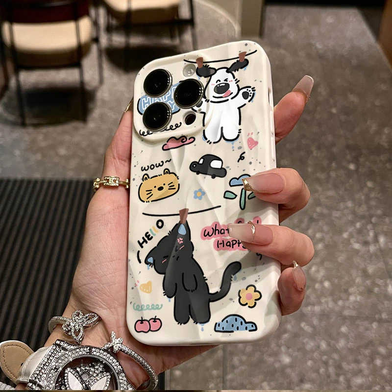 卡通晴天猫狗适用iphone16苹果15pro手机壳14plus褶皱13磨砂12/11