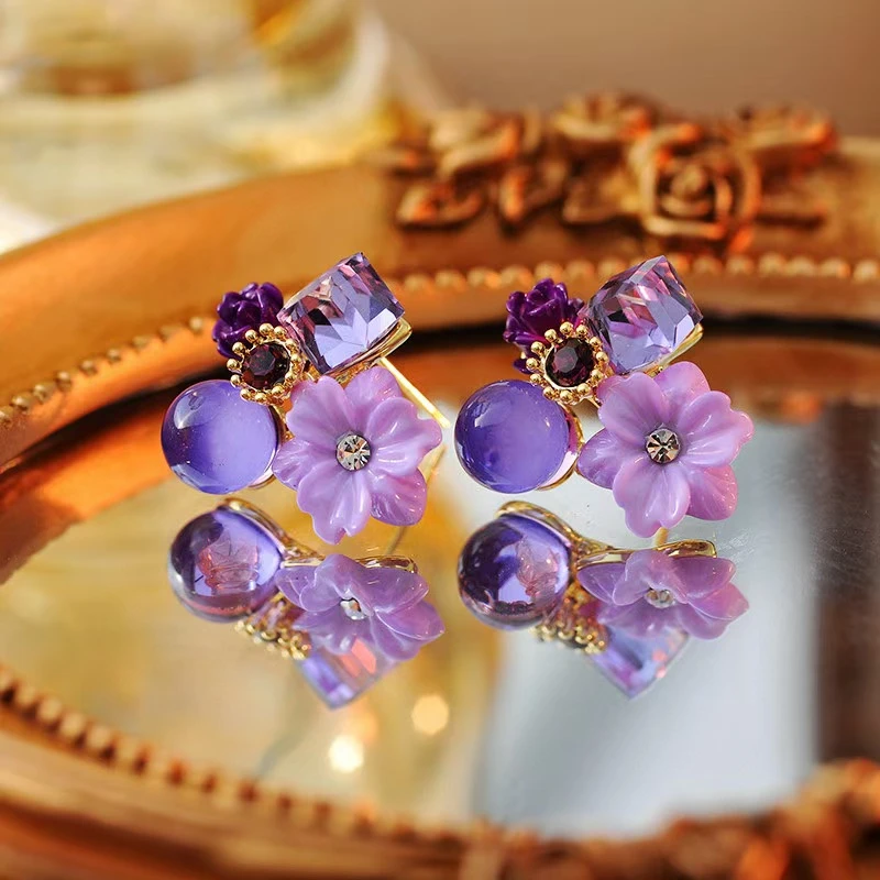 铜合金合成锆石耳饰 D10346---小方块气质时尚高级紫色耳钉