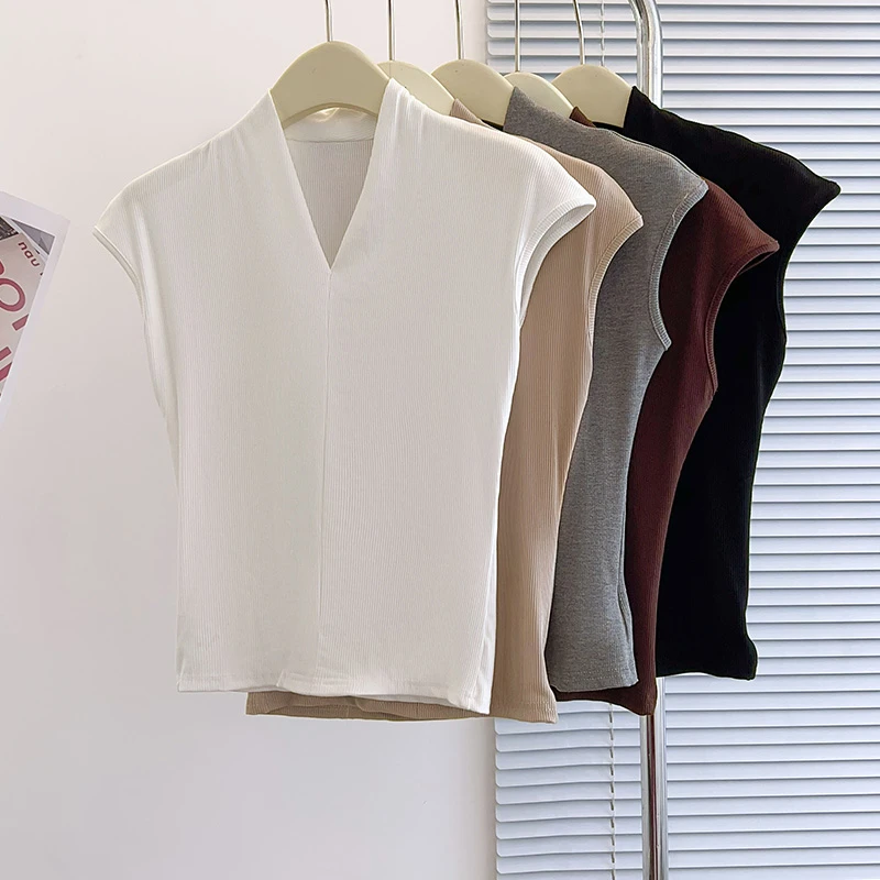 Moses Queen/魔西女王大码女装高级感深V领短袖T恤女时尚修身上衣