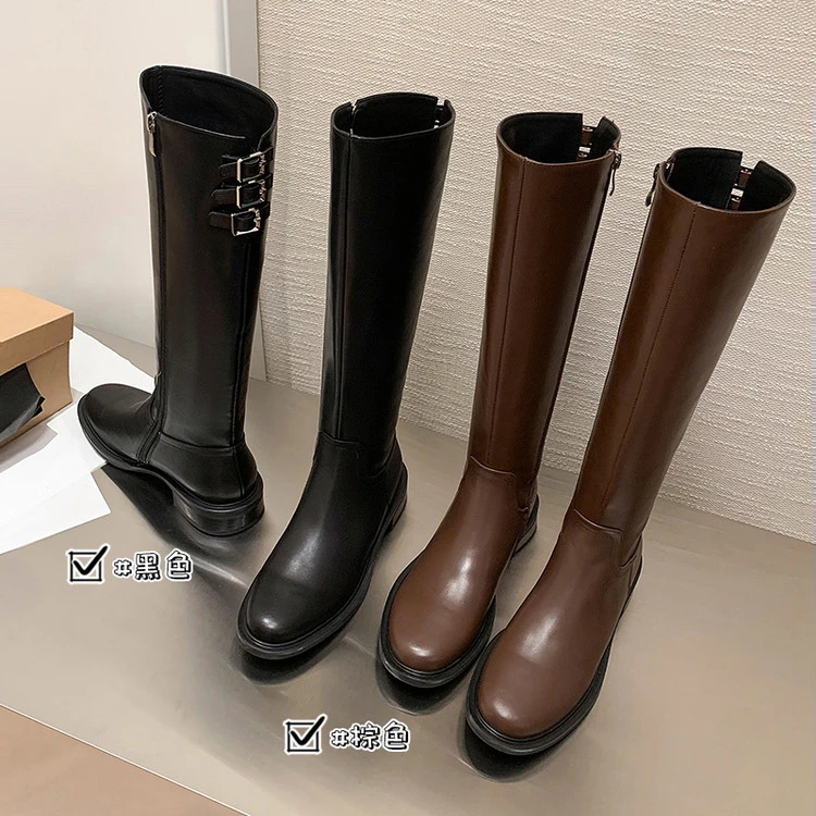 【奢品】杨幂同款三重奏3cm粗跟真皮骑士靴显瘦圆头不过膝高筒长靴