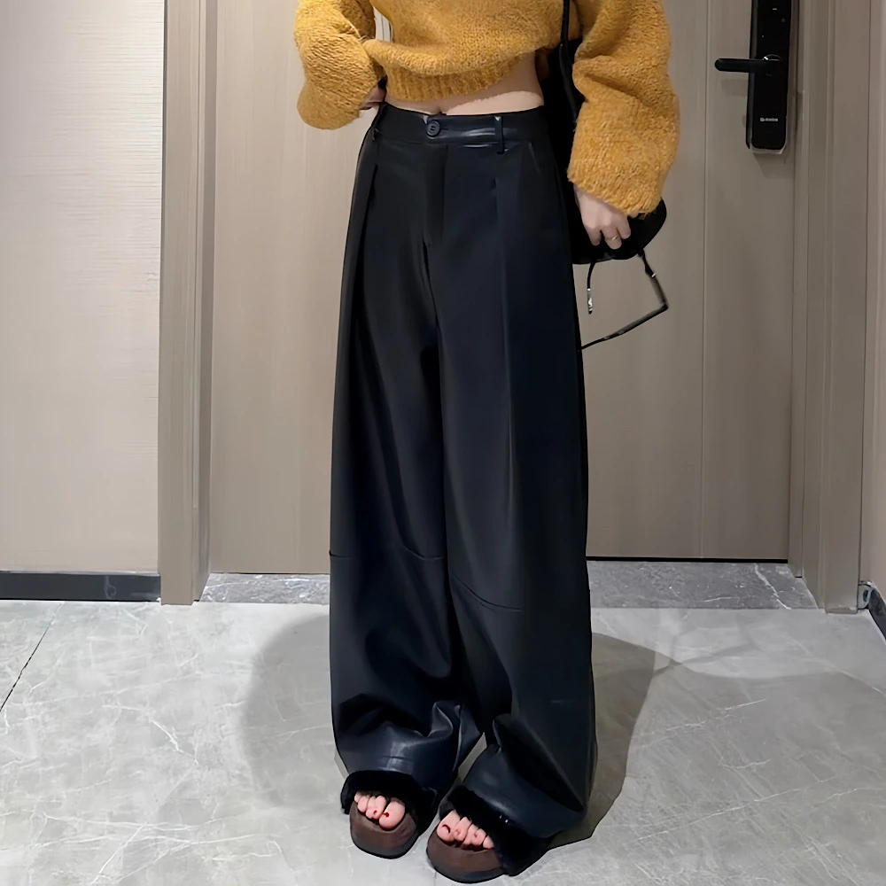 【钻石店铺优选】秋冬新款时尚韩系百搭高腰显瘦休闲阔腿裤皮裤女