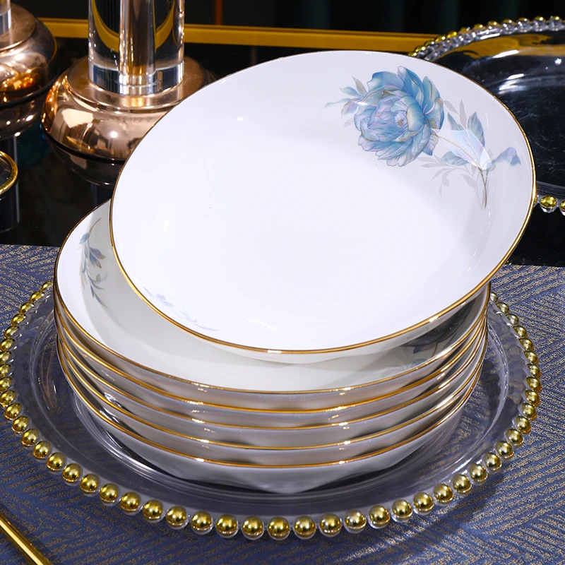 金边蓝色妖姬7英寸钻石盘6只装家用创意加厚加深菜盘