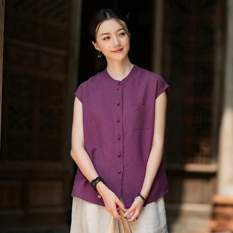 2025夏季中国风唐装复古盘扣立领短袖上衣天丝亚麻禅意茶服居士服
