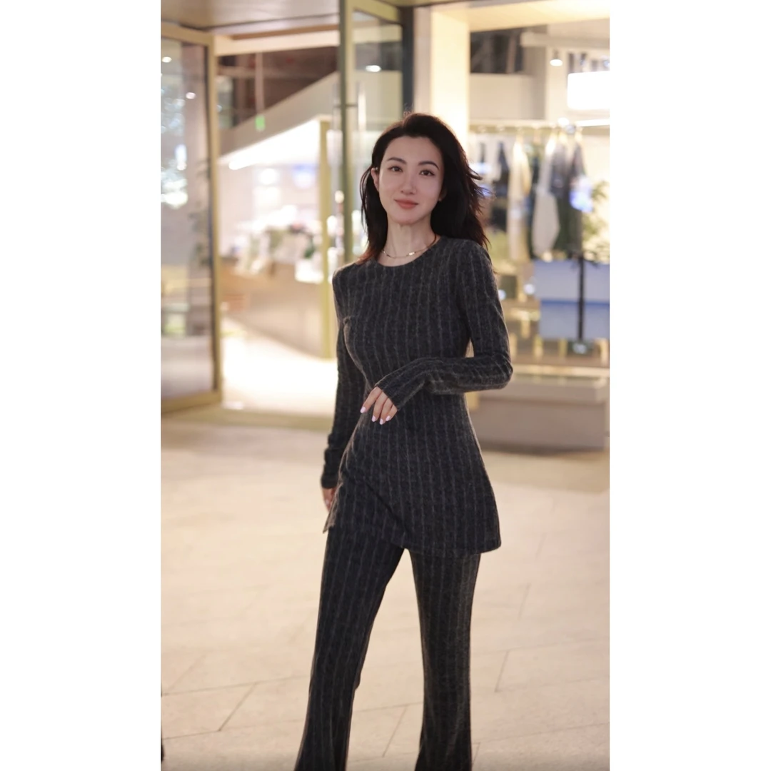 2512010【壁虎姐】GECKO秋冬新款 灰色条纹圆领休闲风裤子套装