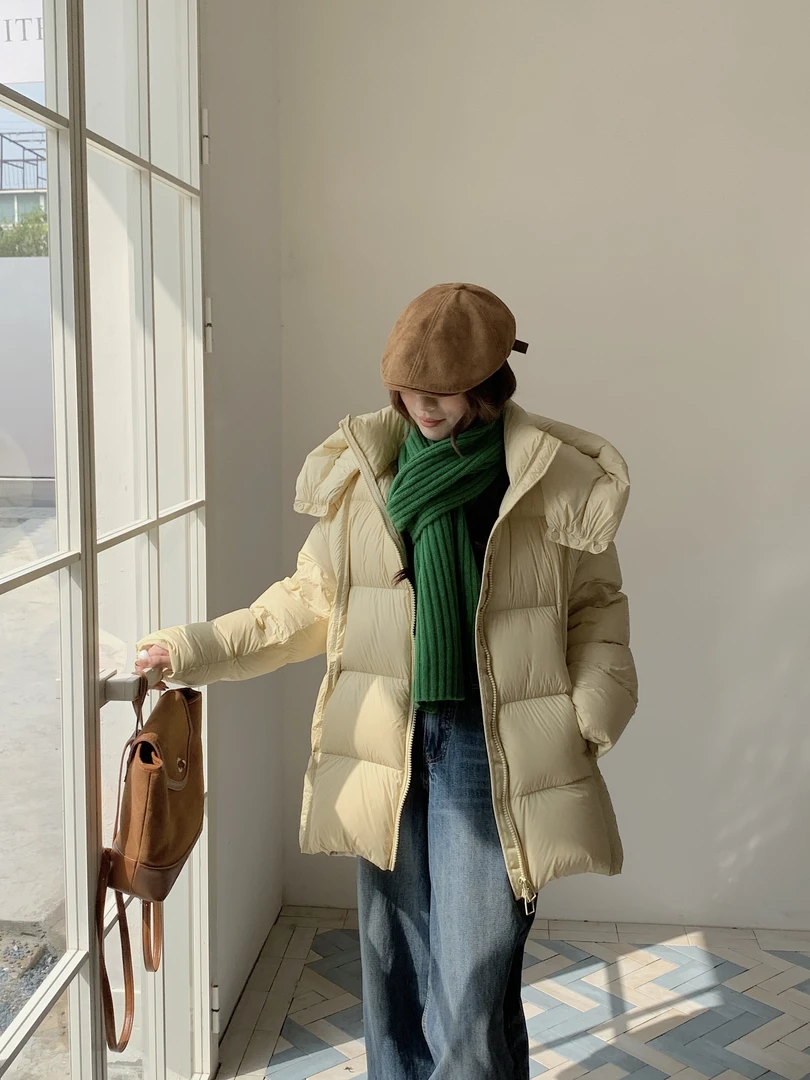 新款90白鸭绒羽绒服女2025冬季宽松连帽加厚保暖中长款外套ZB0033