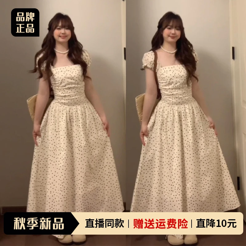 法式泡泡袖波点连衣裙子女夏季2025新款高级感收腰显瘦小个子长裙