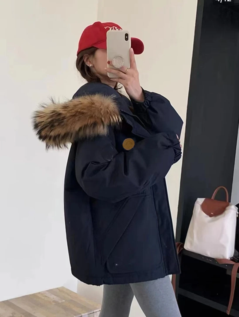 情侣款工装派克大毛领羽绒服女2024年新款加厚白鸭绒连帽外套