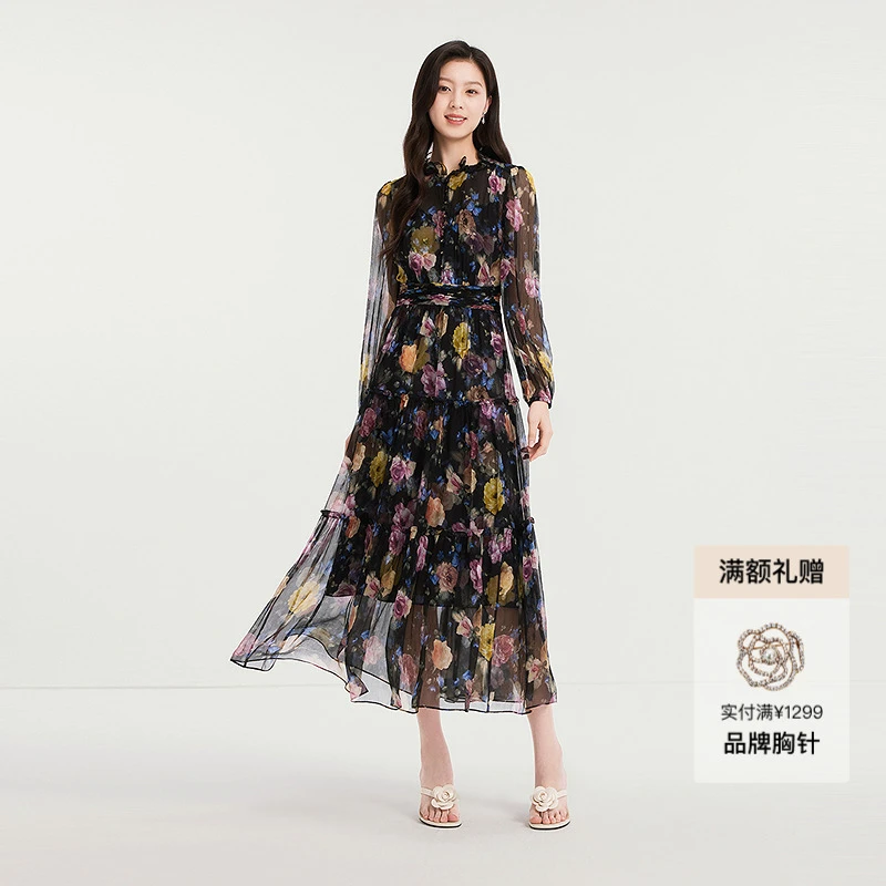 【100桑蚕丝】Koradior珂莱蒂尔商场同款2025秋季油画真丝连衣裙