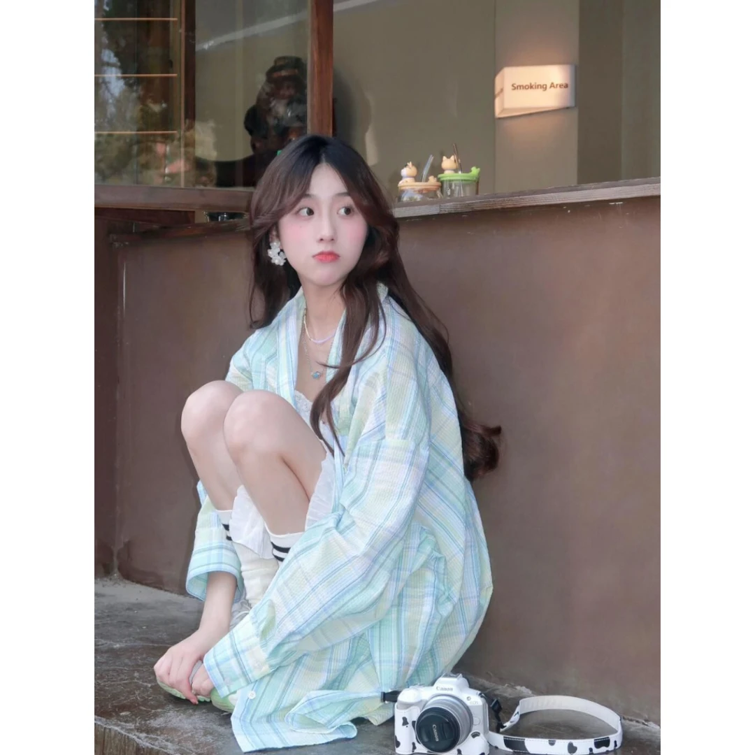 法式小清新薄荷绿曼波风衬衫女秋季韩系polo领长袖衬衣开衫潮