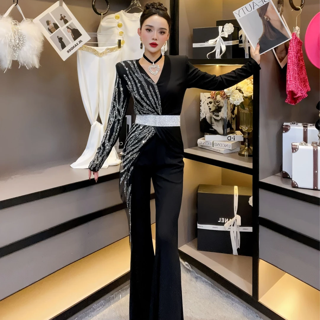 欧货女装-（无腰带）春季新款时尚深V领连体裤长袖单边烫钻收腰弹力