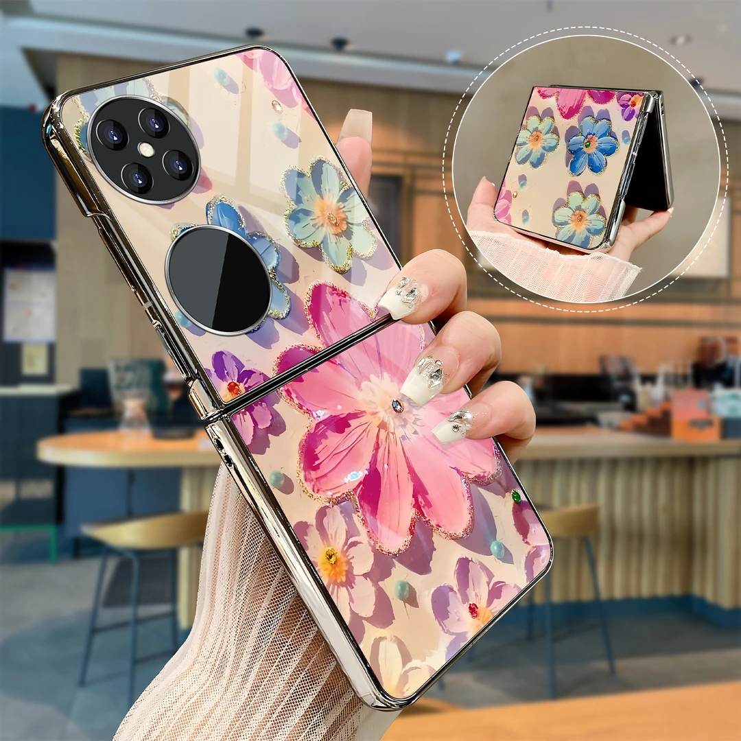 适用于【华为/VIVO/三星】时尚高级感潮流油画风花朵折叠手机壳