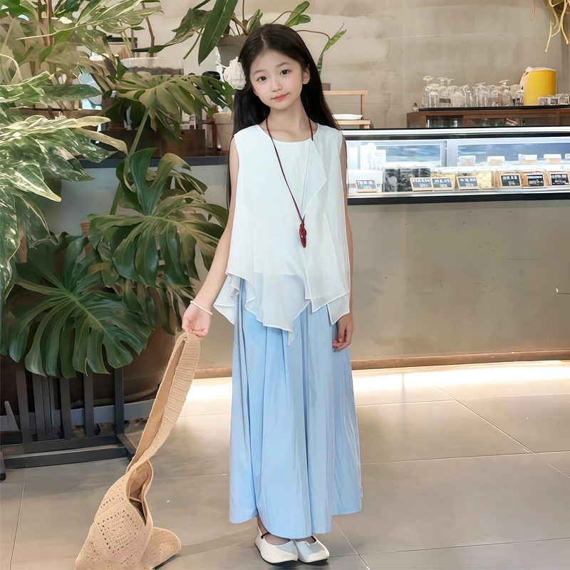 女童夏季短袖套装儿童无袖亚麻上衣中大童夏装冰丝阔腿裙裤两件套