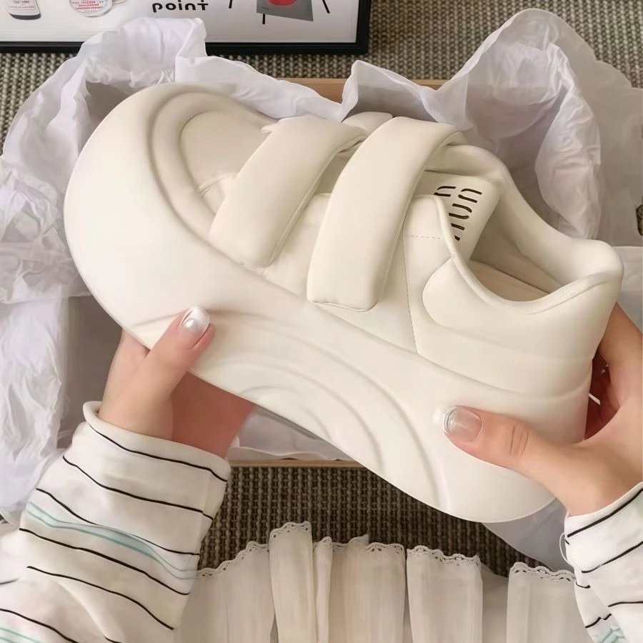 圆头厚底大头鞋女2025夏季魔术贴休闲鞋丑萌运动鞋增高百搭小白鞋