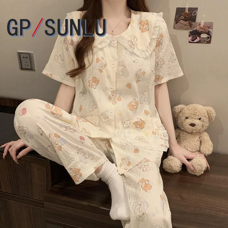 日本小众GP娃娃领mikko睡衣女款夏季云朵棉短袖长裤带胸垫可外穿