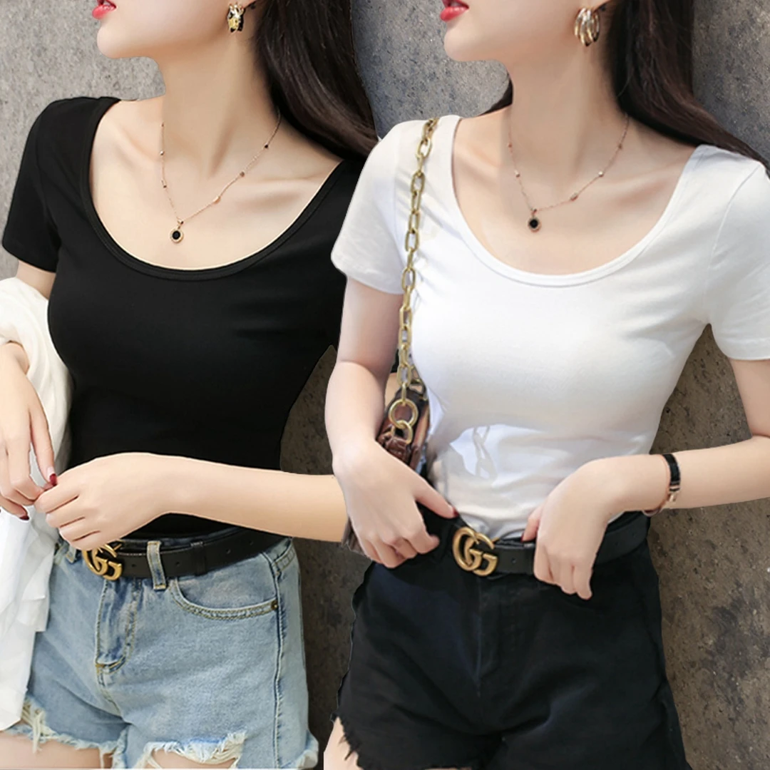u领短袖t恤女夏季新款薄款打底紧身显瘦低领上衣白色基础款t恤女