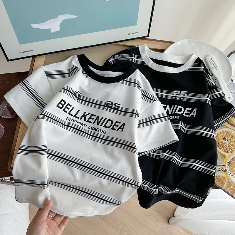 【主播推荐】儿童夏季数字印花条纹短袖T恤男女宝同款DX25284