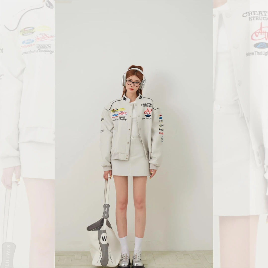 婉君【白色机车】秋季长袖运动印花长袖外套上衣LWJ23C3TZ623