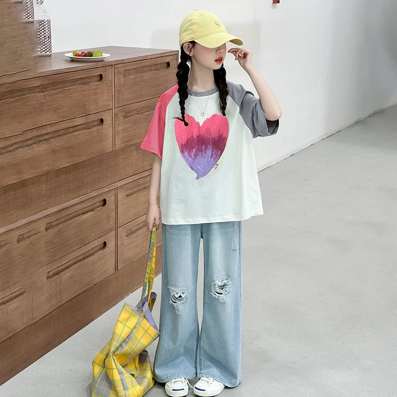 女童短袖套装夏季2025新款洋气儿童薄款破洞牛仔裤大童休闲两件套