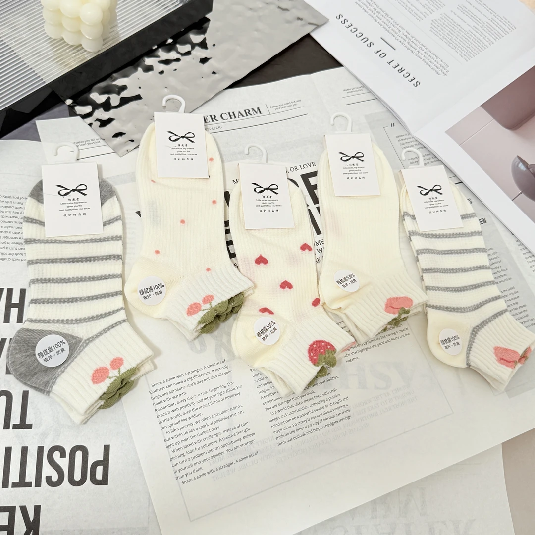 减龄可爱条纹爱心桃子樱桃草莓春夏系列薄款低帮透气纯棉女袜