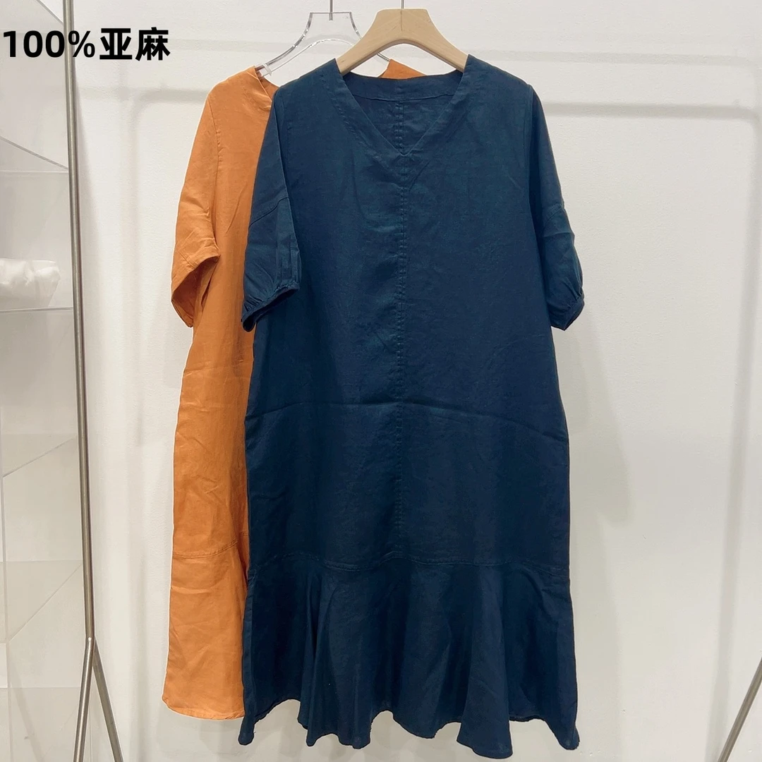 欧洲站2025夏装新款欧货圆领短袖连衣裙女鱼尾裙亚麻长裙子