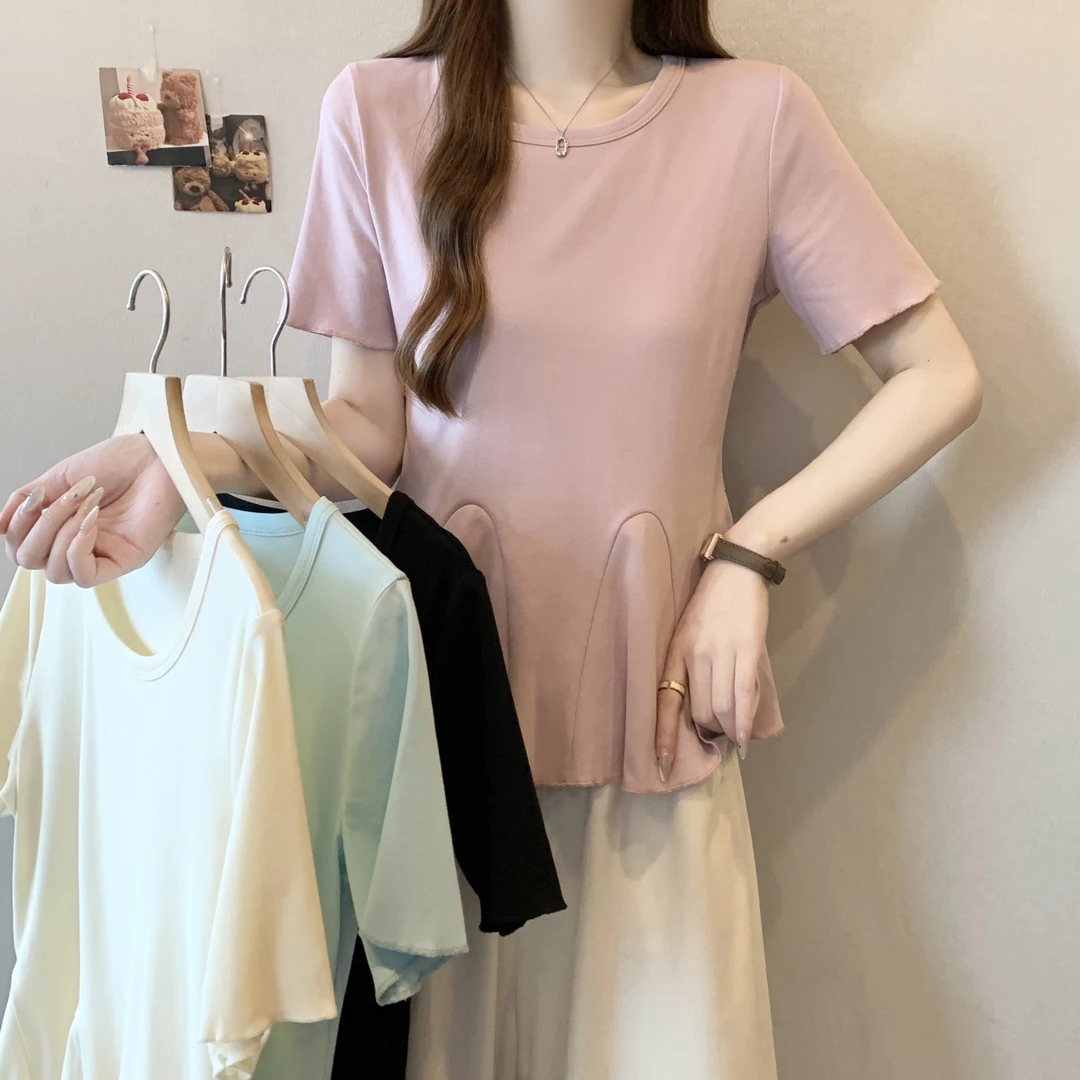 正肩短袖T恤女2025夏季新款大码胖mm荷叶边下摆五一旅游出街衣服