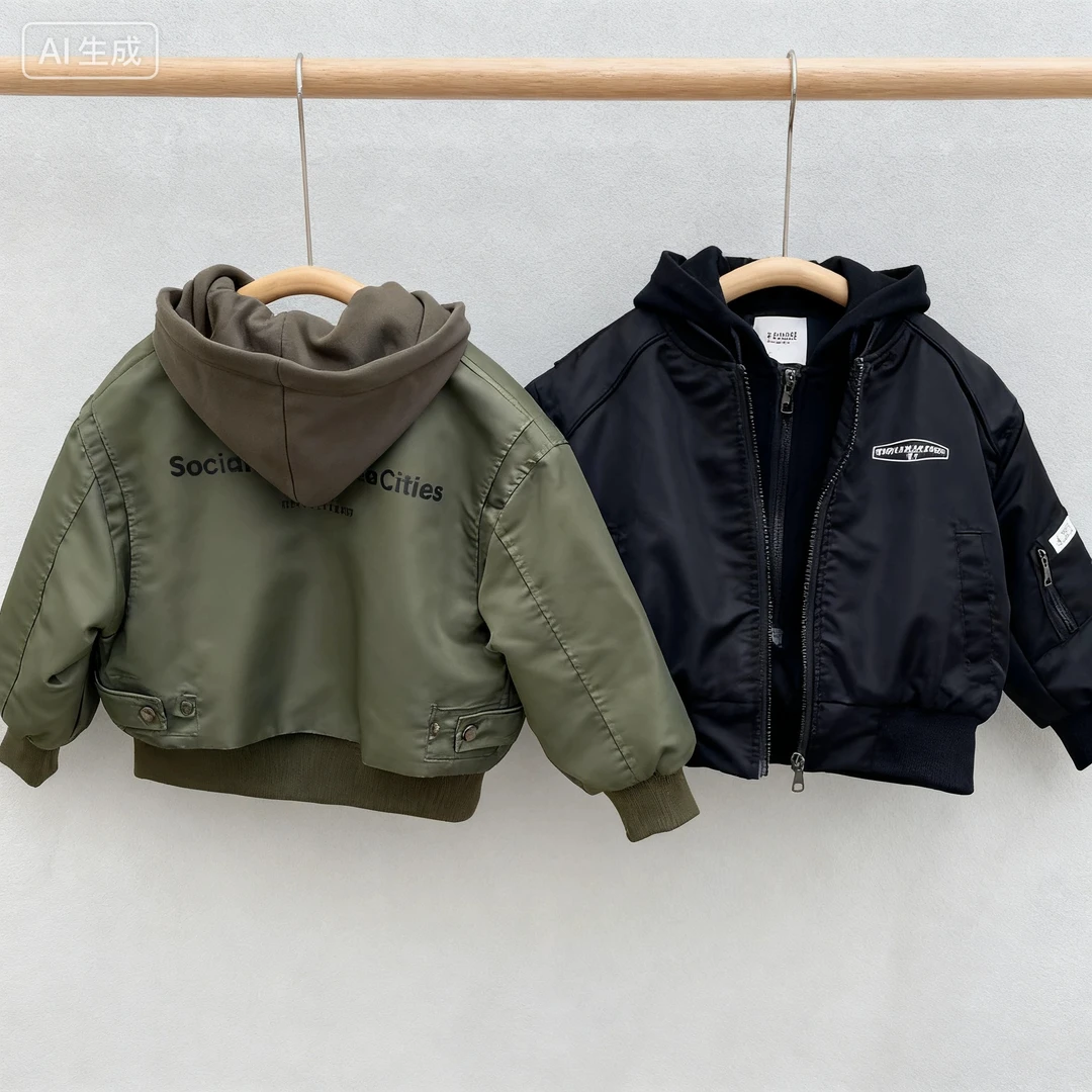 2025春秋儿童美式假两件连帽外套男童女童帅气飞行员夹克棒球外套