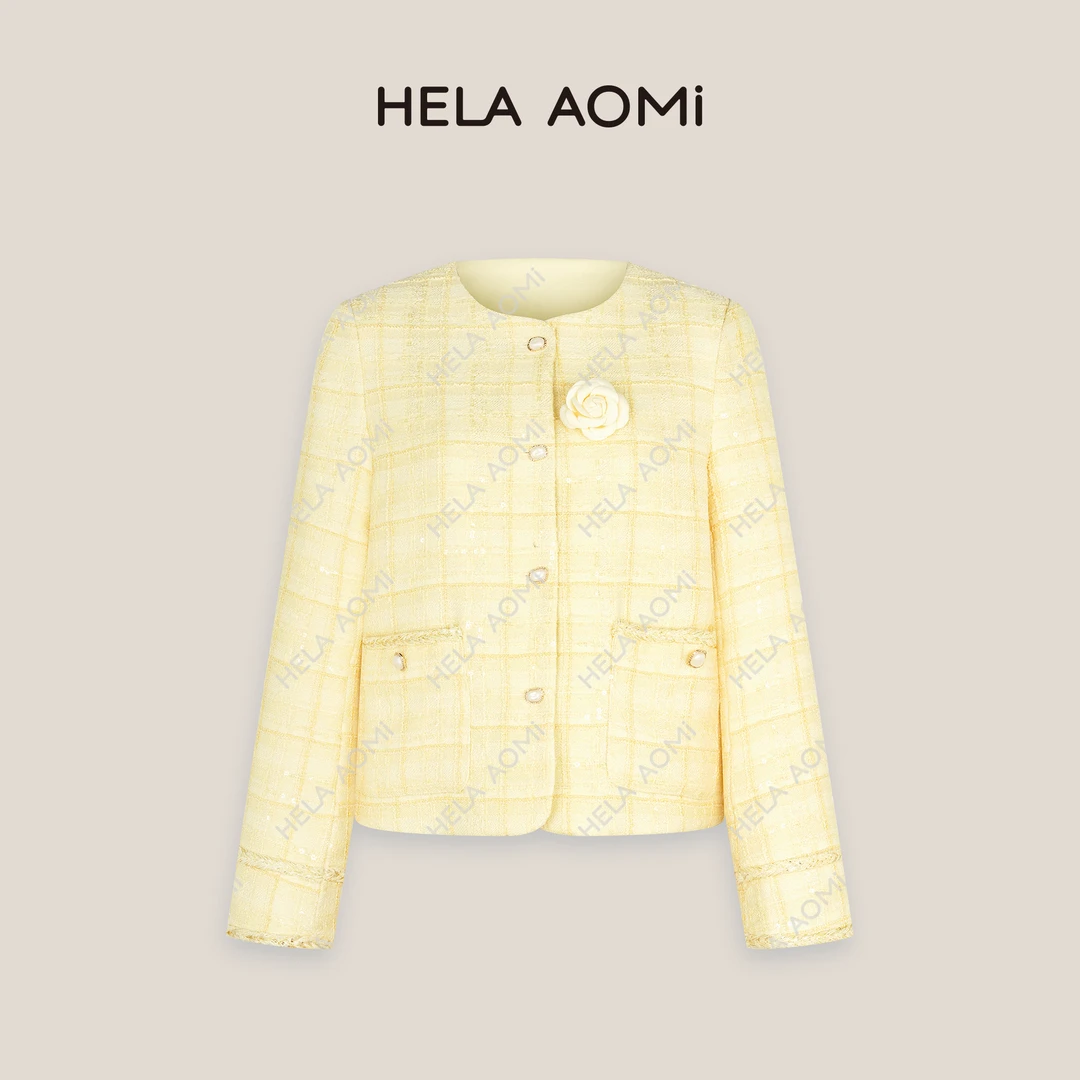 HELAAOMI “鹅黄山茶”小香风圆领外套设计感短款上衣CY5AC00453