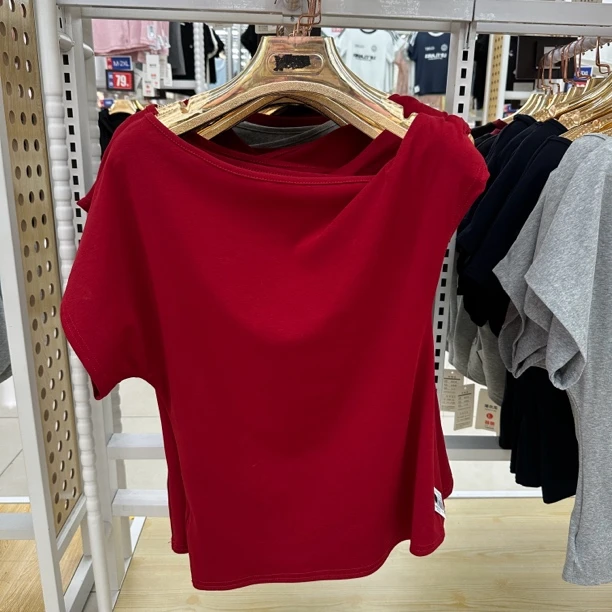 2019433夏季新款时尚斜肩设计感短袖T恤洋气百搭