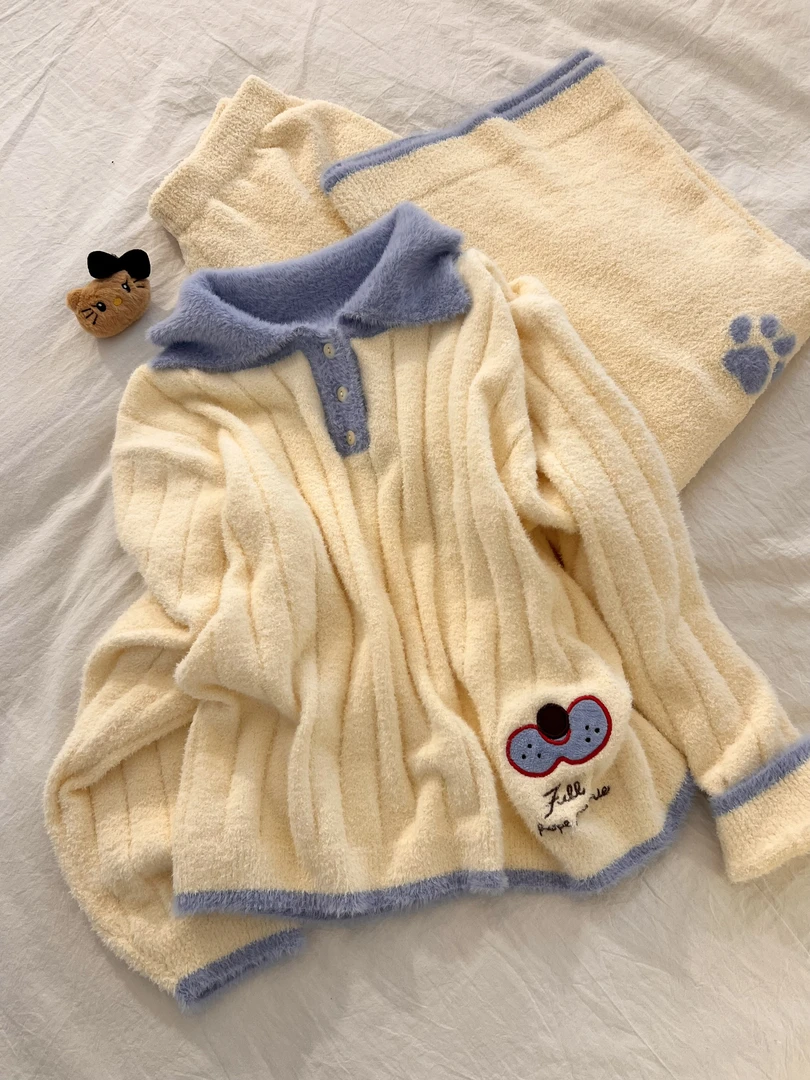 韩版甜美狗爪卡通长袖睡衣女秋冬新款半边绒加厚家居服套装可外穿