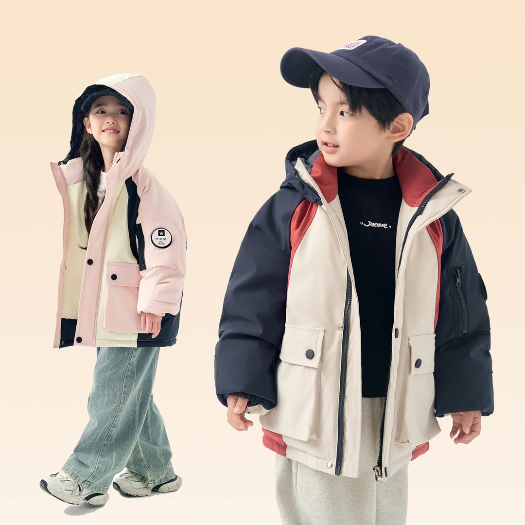 2025 新款洋气撞色连帽防风保暖秋冬拼色童装羽绒服W035