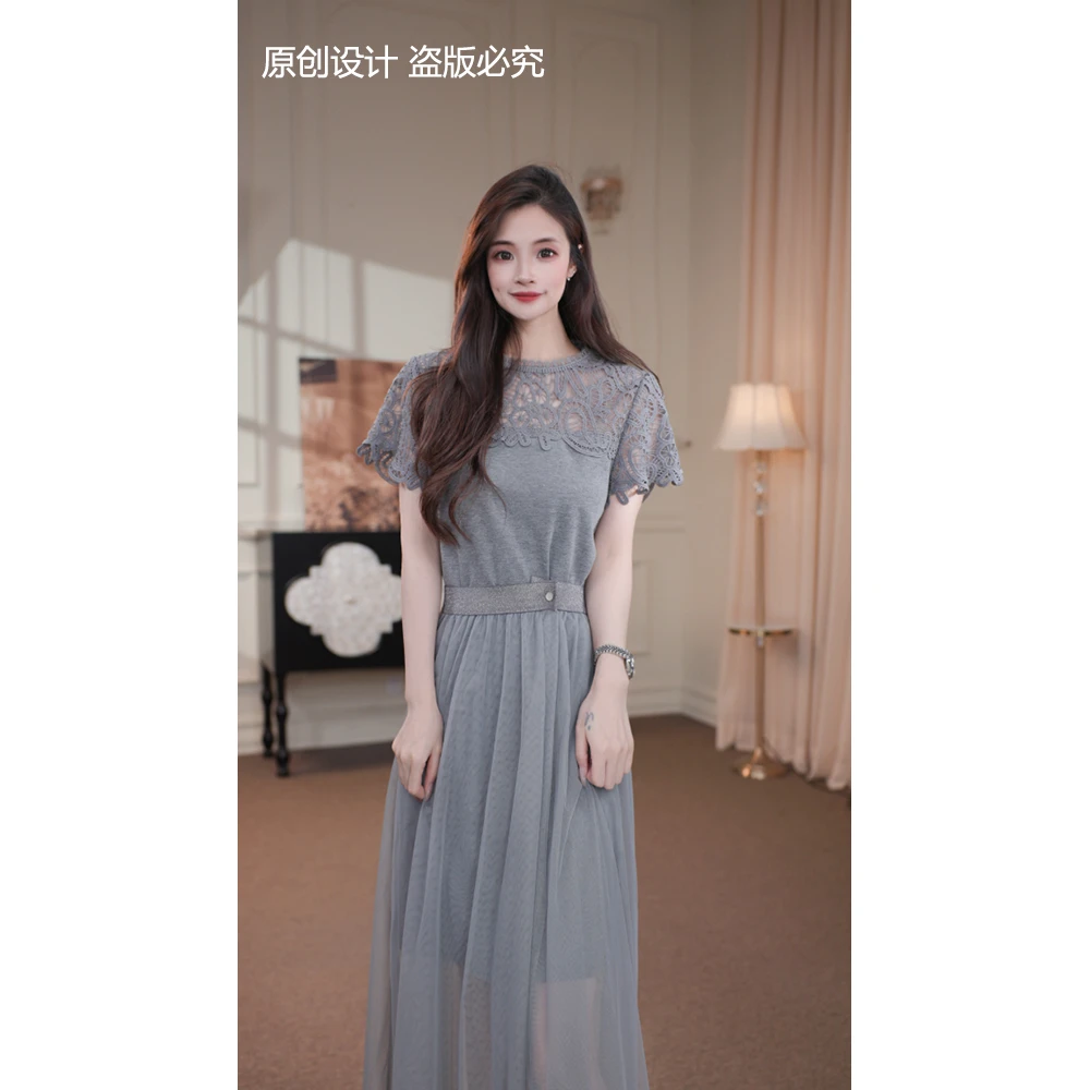 宁宁·茶歇名媛·夏季新款优雅镂空拼接收腰显瘦高贵连衣裙-