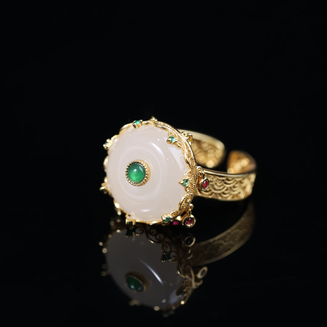 【和昭】原创国风新中式定制珠宝s925银镶和田平安扣开口戒指