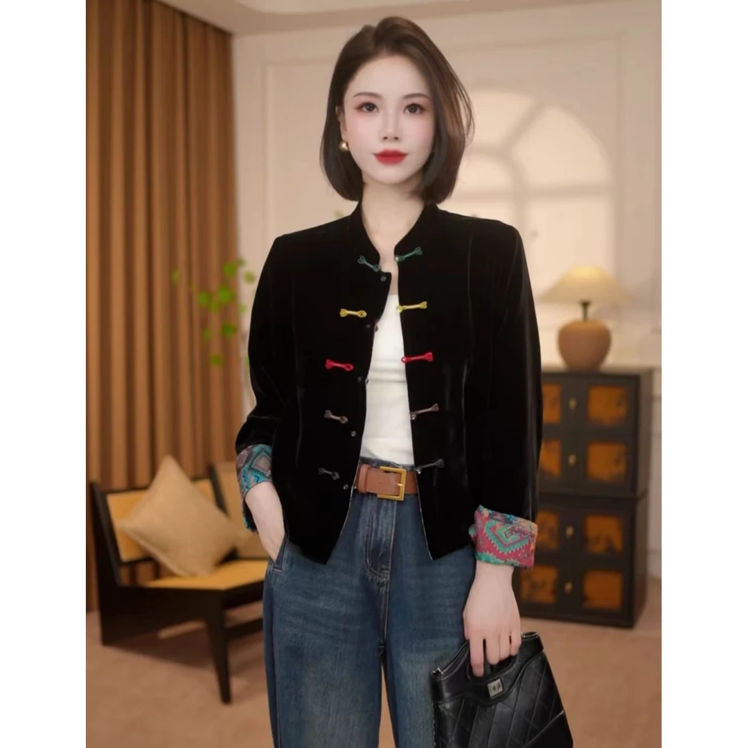 2025春秋新款气质显瘦双面穿彩扣时尚中式国风上衣丝绒外套百搭
