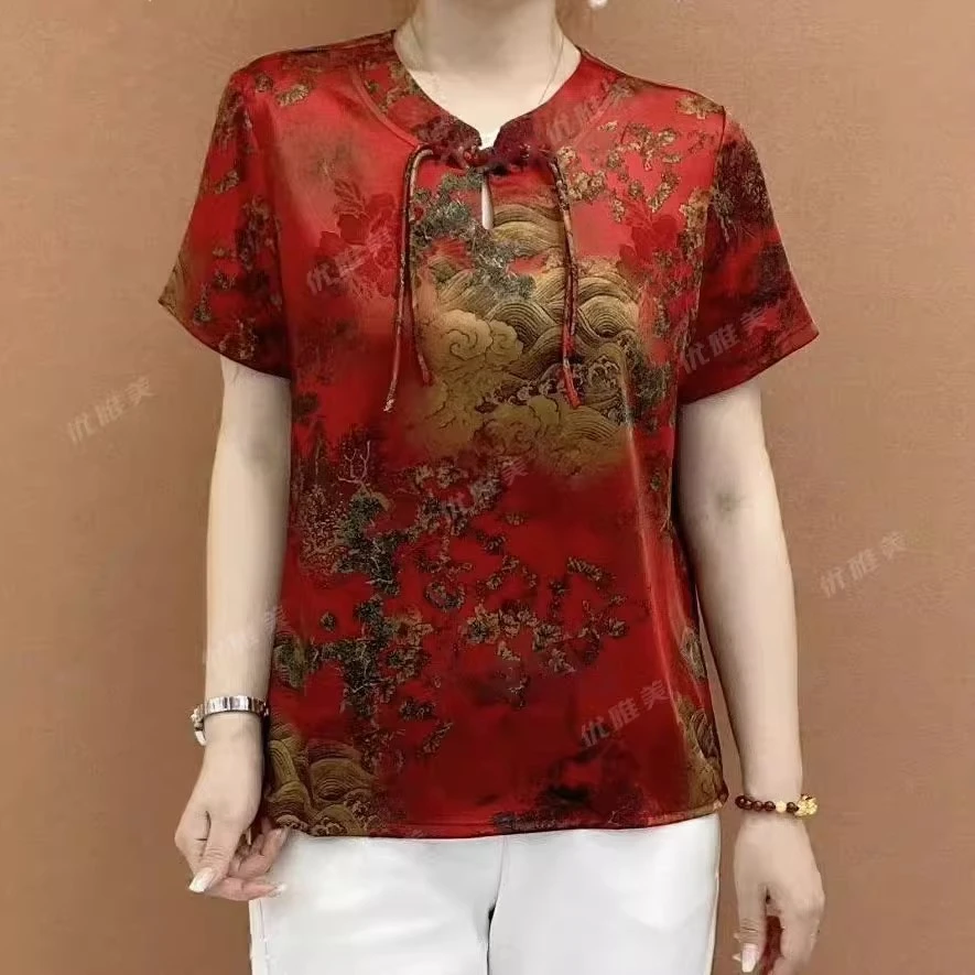 夏季新款大码盘扣国风小衫洋气妈妈装气质遮肚遮肉显瘦衬衫短袖女