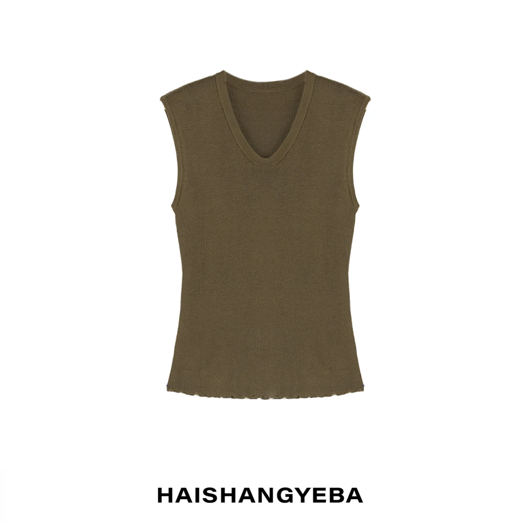 【海上叶爸】新款2025夏季百搭羊毛V领修身休闲无袖T恤