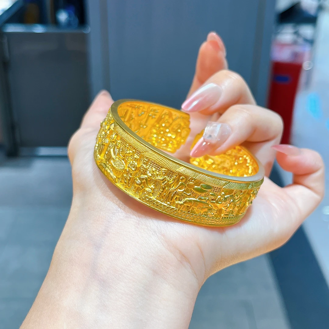 【铭记】足金999 錾刻上河画宽版开口手镯 面宽19mm