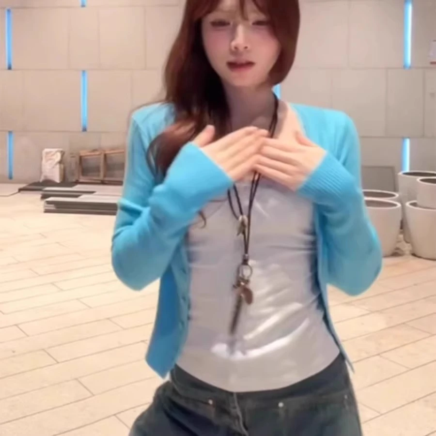 2025新款蓝色蕾丝边开衫针织衫女春秋设计感韩系短款百搭长袖上衣