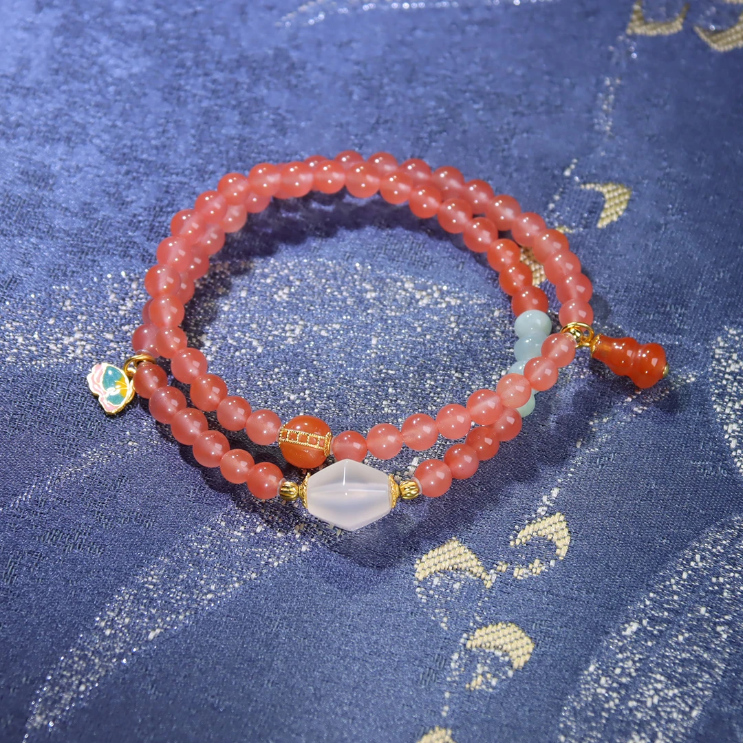 <福蝶>川料冰红樱桃红卡5mm双圈南红玛瑙手串+S925银