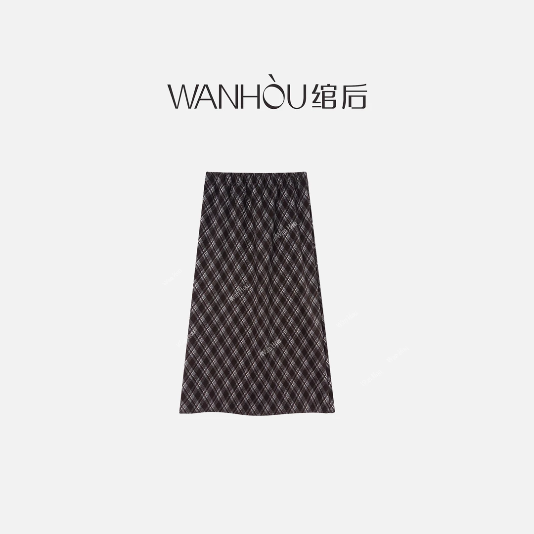 【C3688】WH-美拉德咖色格纹半身裙女秋开叉包臀直筒遮胯a字长裙SH